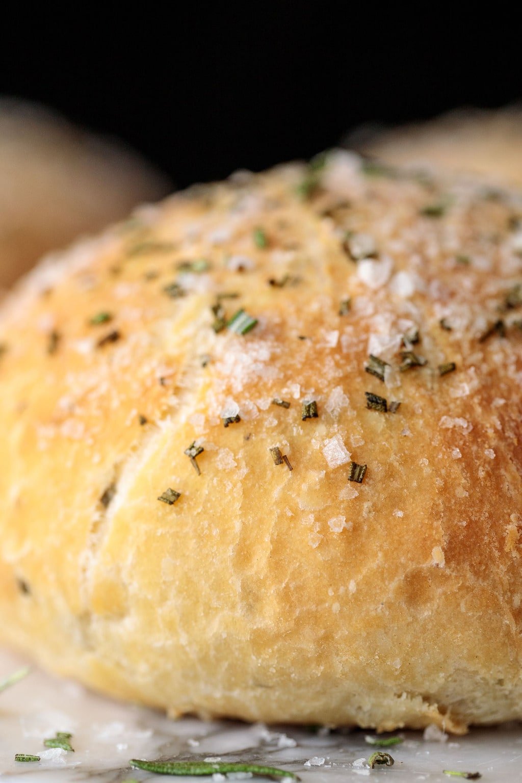 Vertical extreme closeup photo of a loaf of Ridiculously Easy Rosemary Bread