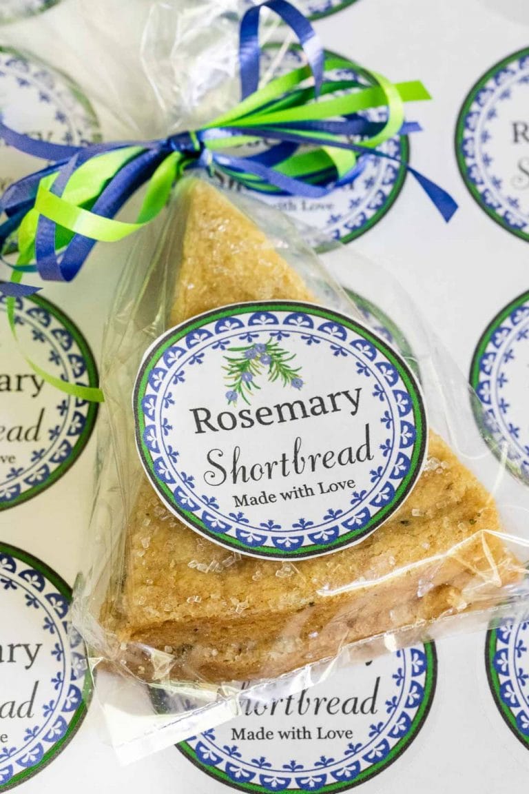 Vertical picture of Rosemary Shortbread in a bag with a label