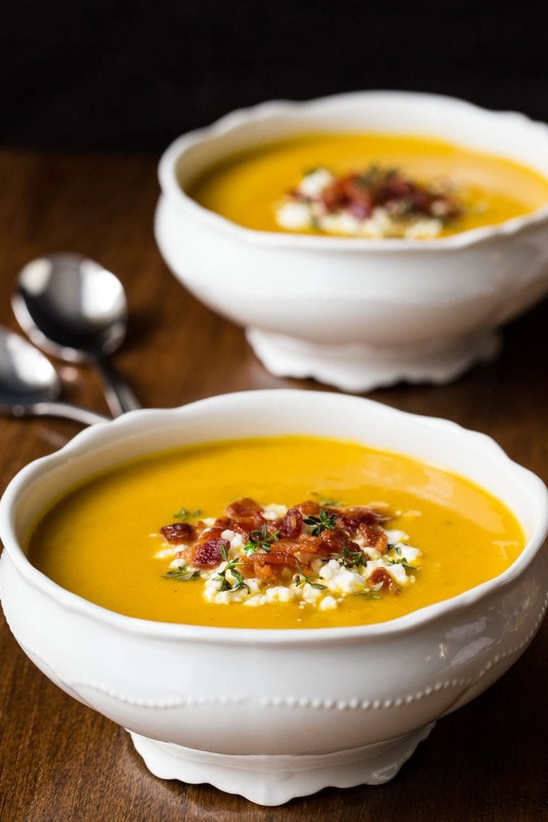 Vertical picture of Roasted Butternut Bacon Soup in white bowls