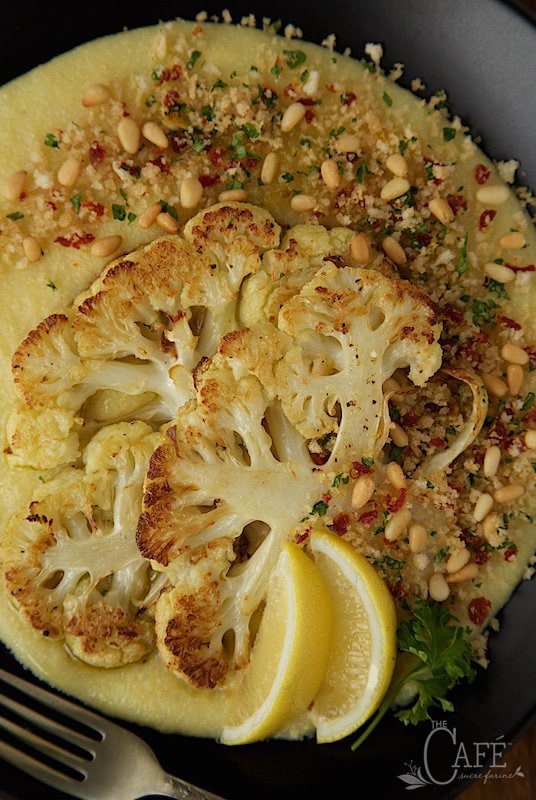 Roasted Cauliflower Steaks with Parmesan Polenta and Lemon Parsley Panko Crumbs - These are so good you won't even miss the meat! thecafesucrefarine.com