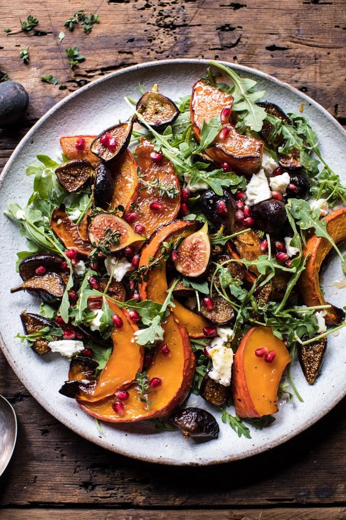 Overhead photo of a plate of Roasted Squash, Caramelized Fig and Feta Salad from "19 Delicious Thanksgiving Sides" blog post.