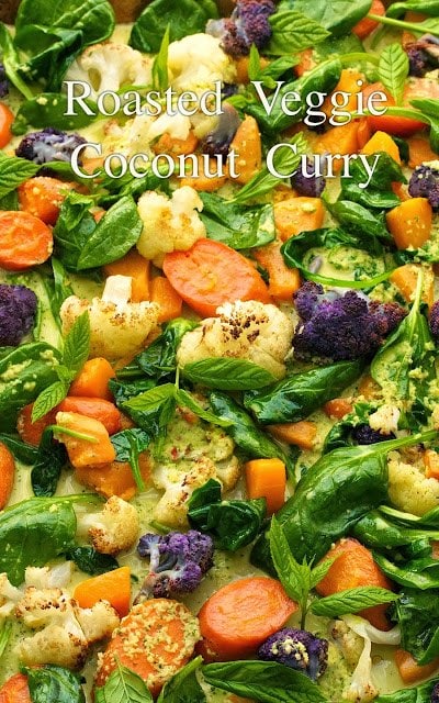 Photo of a pan of Roasted Veggie Coconut Curry with a graphic title at the top.