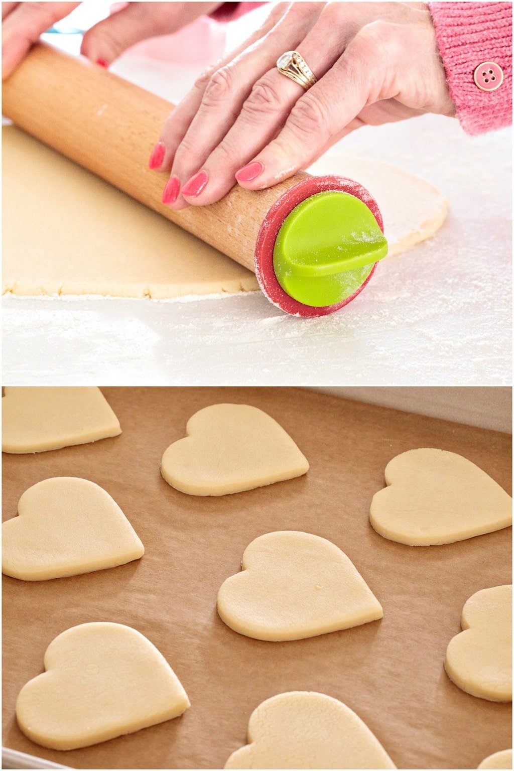 Vertical 2-photo collage of how to roll Dip, Drip and Flip Shortbread Valentine Cookies to the right uniform thickness.