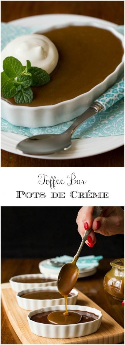 Toffee Bar Pot de Crème - silky smooth and deliciously decadent, this chocolate lover's dessert takes less than 10 minutes to throw together! thecafesucrefarine.com