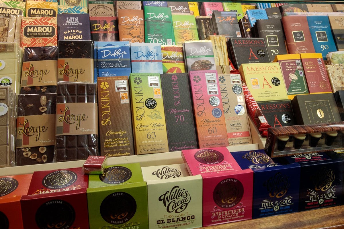 Photo of a display case of chocolate bars at the English Market.