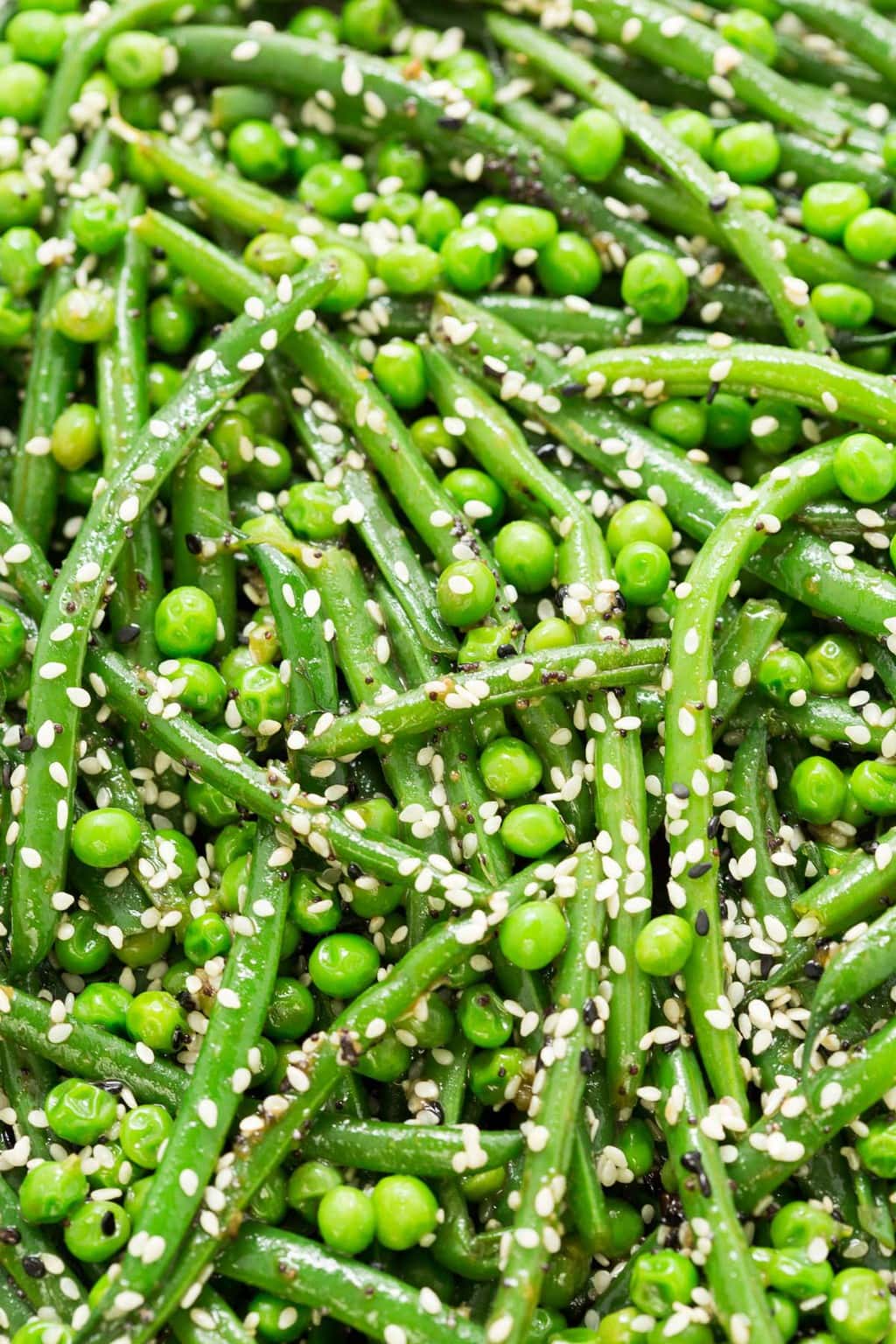 Vertical ultra closeup photo of Sesame Ginger Green Bean Salad.