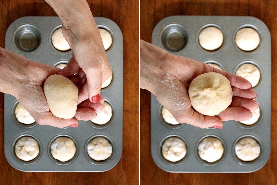 Two photo collage of how to pinch the tops when making Ridiculously Easy Brioche Dinner Rolls.