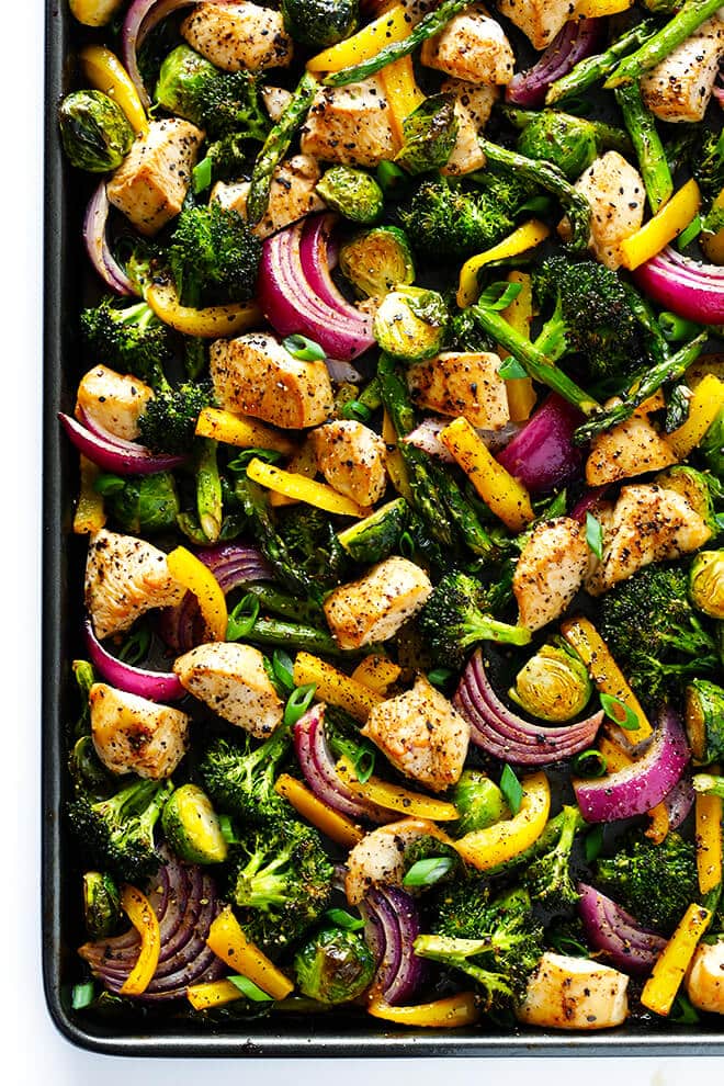 Close up overhead picture of Sheet Pan Chicken and Veggie "Stir Fry" from Gimme Some Oven food blog.