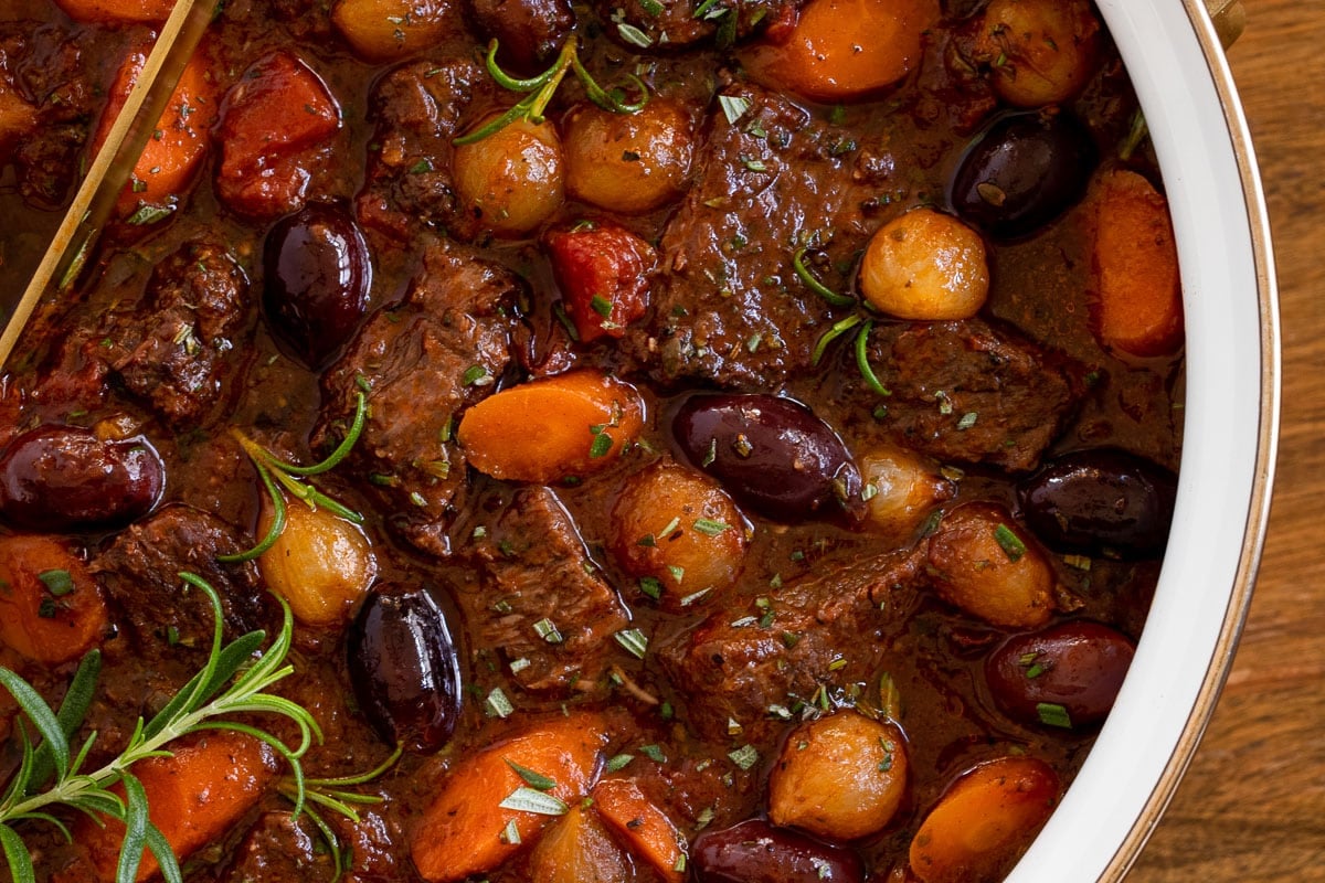 Overhead closeup horizontal photo of a pot of Slow Braised Italian Beef Stew.