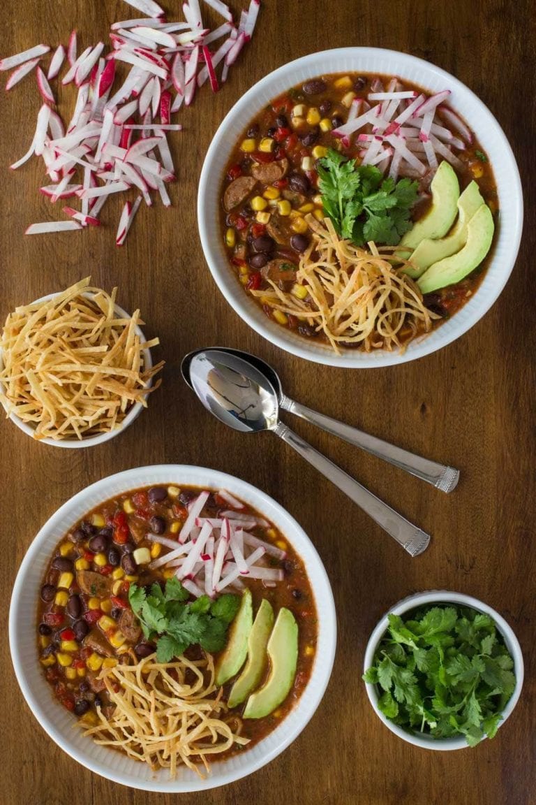 Slow Cooker Black Bean and Chicken Sausage Tortilla Soup - easy, fun and super delicious!