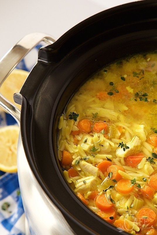 Slow Cooker Lemon Orzo Chicken Soup - for those days that you want a delicious dinner ready with minimal effort. thecafesucrefarine.com
