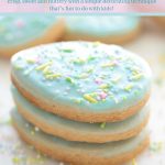 Vertical extreme closeup photo of a stack of Spring Shortbread Cookies with a text title block at the top of the photo.