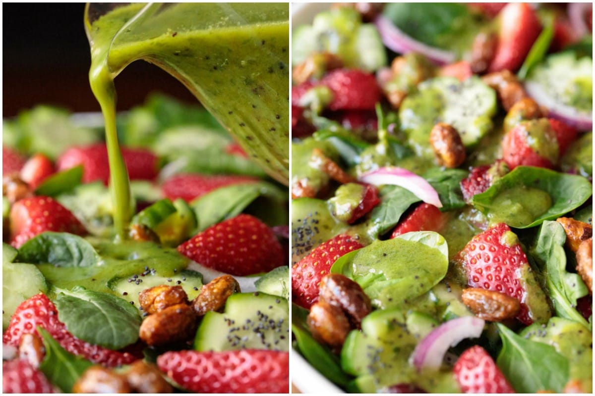 Collage of closeup photos of a Strawberry Spinach Salads with Lemon Basil Poppyseed Dressing poured over it.