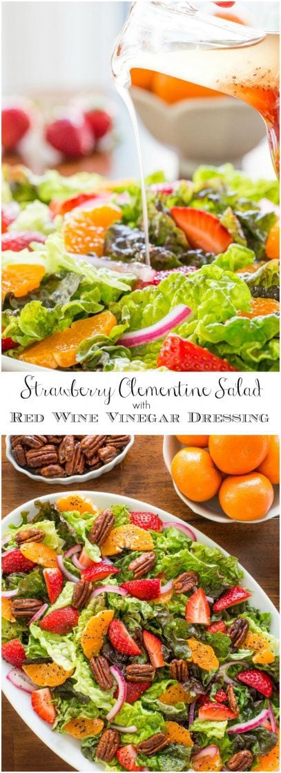 Strawberry Clementine Salad with Red Wine Vinegar Dressing - With an easy, sweet, tangy dressing and a topping of caramelized pecans, this delicious, fresh salad will add a splash of pizzazz to any meal. thecafesucrefarine.com