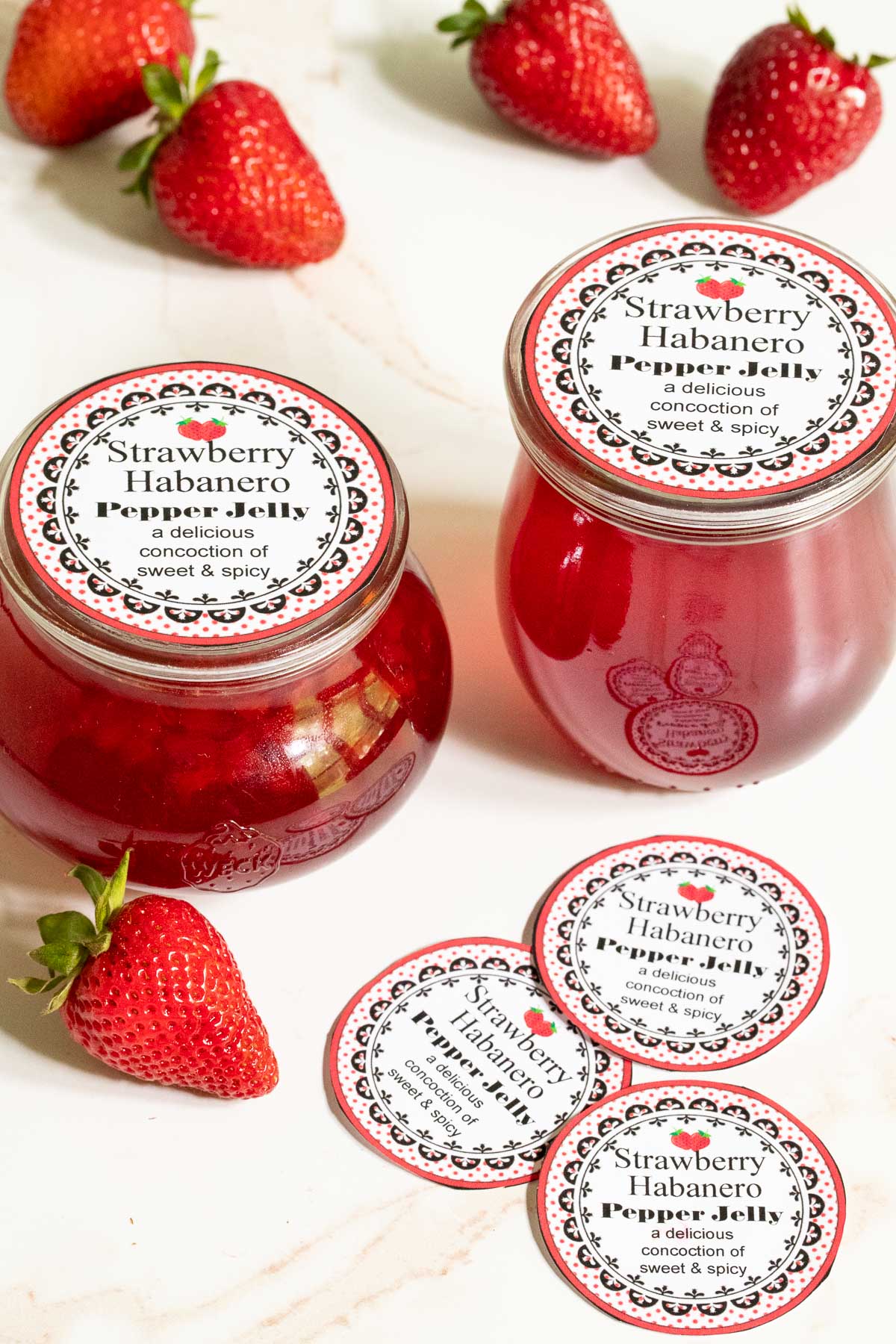 Vertical photo of Strawberry Habanero Pepper Jelly custom labels for gift giving.