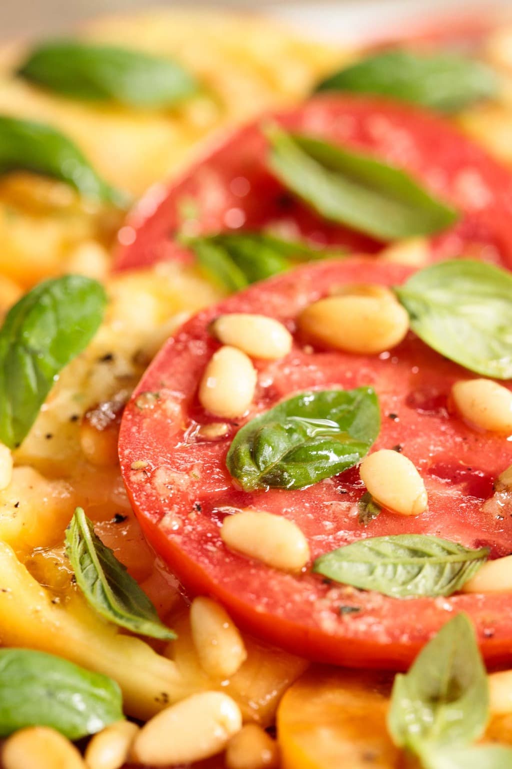 Ultra closeup photo of a Ballymaloe Summer Tomato Salad.