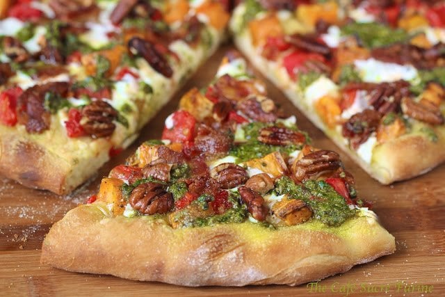 Sweet Potato and Pesto Pizza with Rosemary Braised Bacon - a unique and beautiful pizza with a delicious combination of ingredients. A real crowd pleaser! 