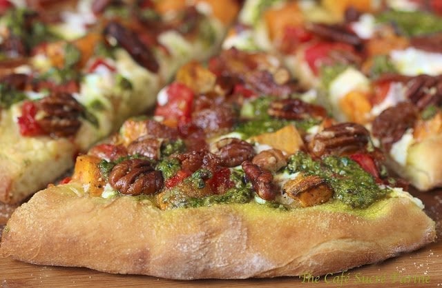 Sweet Potato and Pesto Pizza with Rosemary Braised Bacon - a unique and beautiful pizza with a delicious combination of ingredients. A real crowd pleaser! 
