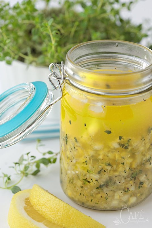 Picture of Whole Lemon and Thyme Salad Dressing in a clear jar