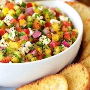 Close up vertical picture of Winter Market Bruschetta in a white bowl