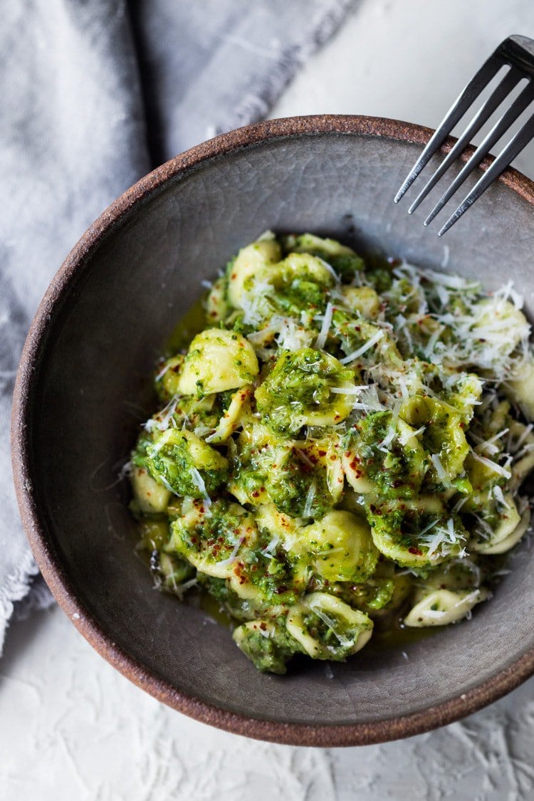 Overhead photo of Orecchiette Pasta with Broccoli Sauce in a gray bowl from Feasting At Home.