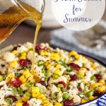 Vertical photo of a Cauliflower and Fresh Corn Salad in a blue and white patterned serving bowl.