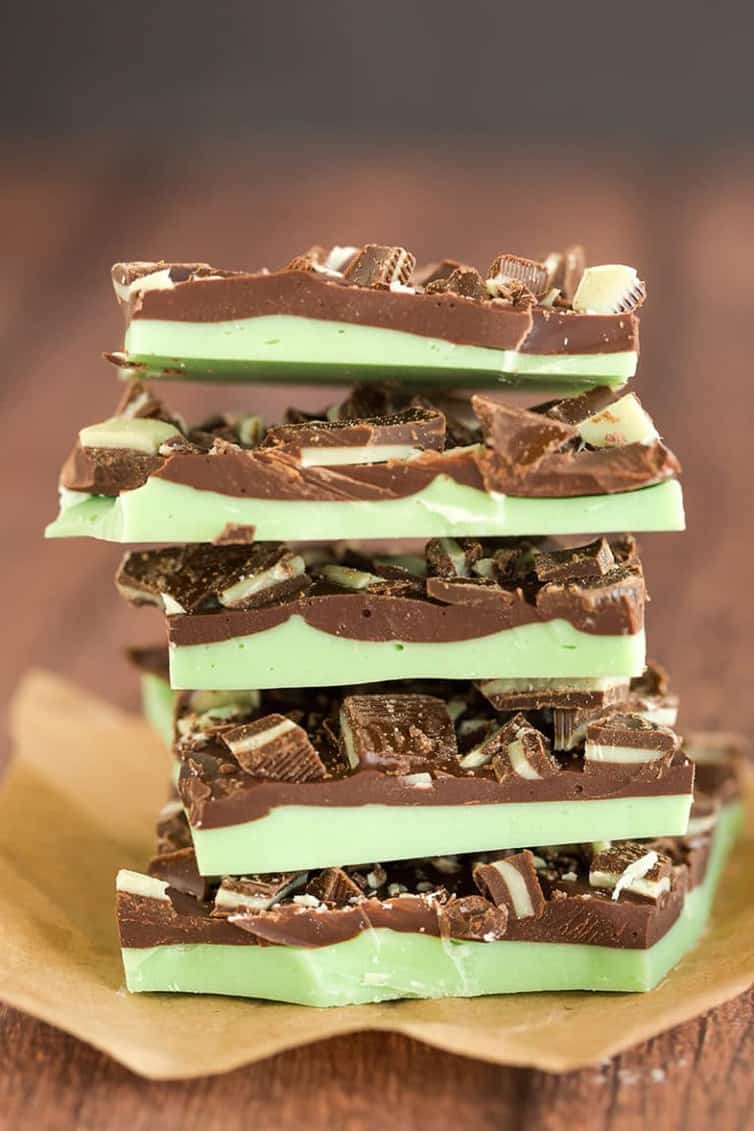Close up photo of a stack of Grasshopper Chocolate Bark from the Brown Eyed Baker food blog