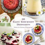 Vertical 4-photo collage of desserts for summer entertaining with an oval graphic in the center of the collage.