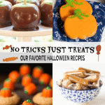 Vertical photo collate of pictures of various Halloween and fall sweet treats with a word graphic in the center.