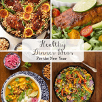 Vertical 4-photo collage of Healthy Dinner Ideas with a word graphic in the center of the collage.