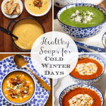 Vertical 4-photo collage of photos showing a wide range of soups.