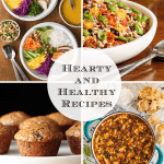 Vertical 4-photo collage of Hearty and Healthy Recipes with a word graphic circle in the middle.