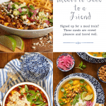 Vertical collage of photos of comfort foods to take to friends and neighbors with a word graphic in the top right quadrant.