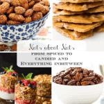 Vertical 4-photo collage of Café recipes utilizing nuts with a center word graphic.