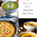 Vertical photo collage with graphic title, "10 Favorite Soup Recipes for Fall".