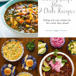 Vertical 4-photo collage of pictures of soups, stews and chili recipes.