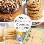 Vertical 4-photo collage of Ten Favorite Cookies Recipes with a round word graphic in the center.