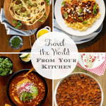 Vertical 4-photo collage of a variety of international foods with a word graphic circle in the center of the collage.