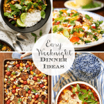 Vertical 4-photo collage of Easy Weeknight Dinner Idea meals with a circular word graphic in the center.